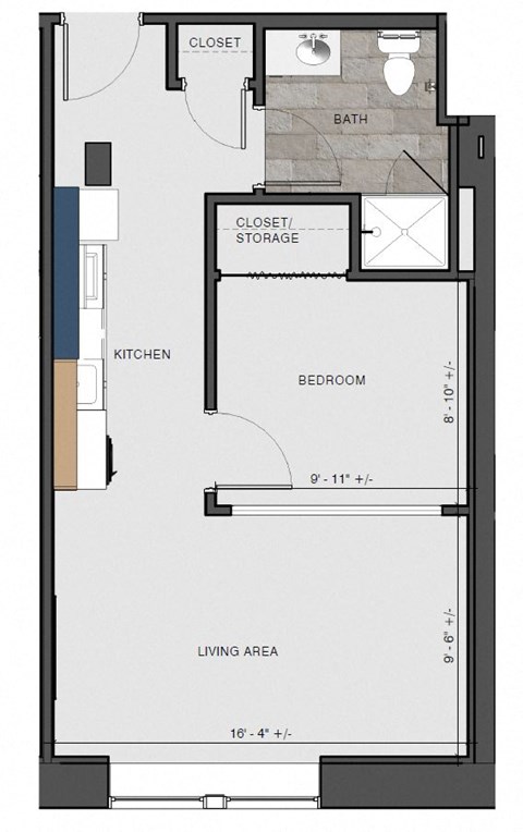 Floor plan for 1 bed, 1 bath, 455 sqft